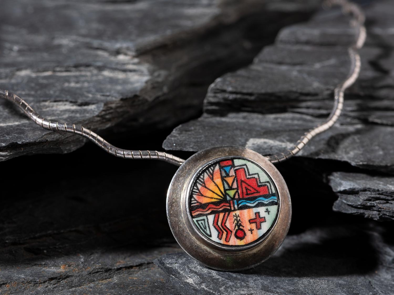 Sterling Silver and Painted Pottery Necklace