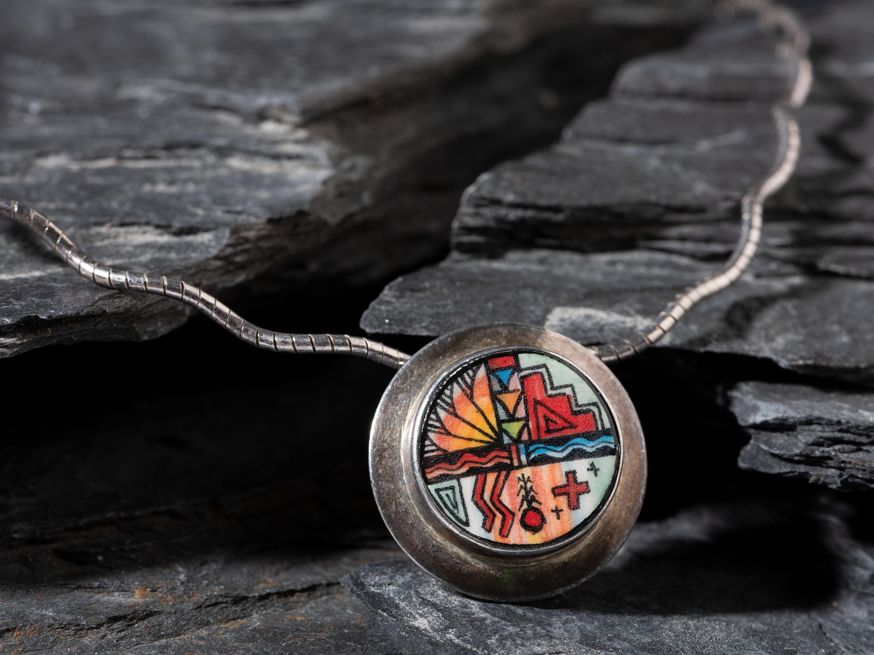Sterling Silver and Painted Pottery Necklace