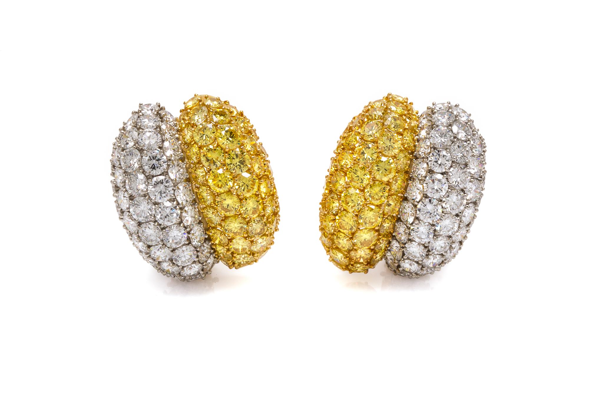 A Pair of 18 Karat Yellow Gold, Platinum, Colored Diamond and Diamond Earclips, Van Cleef & Arpels, 20.30 dwts.