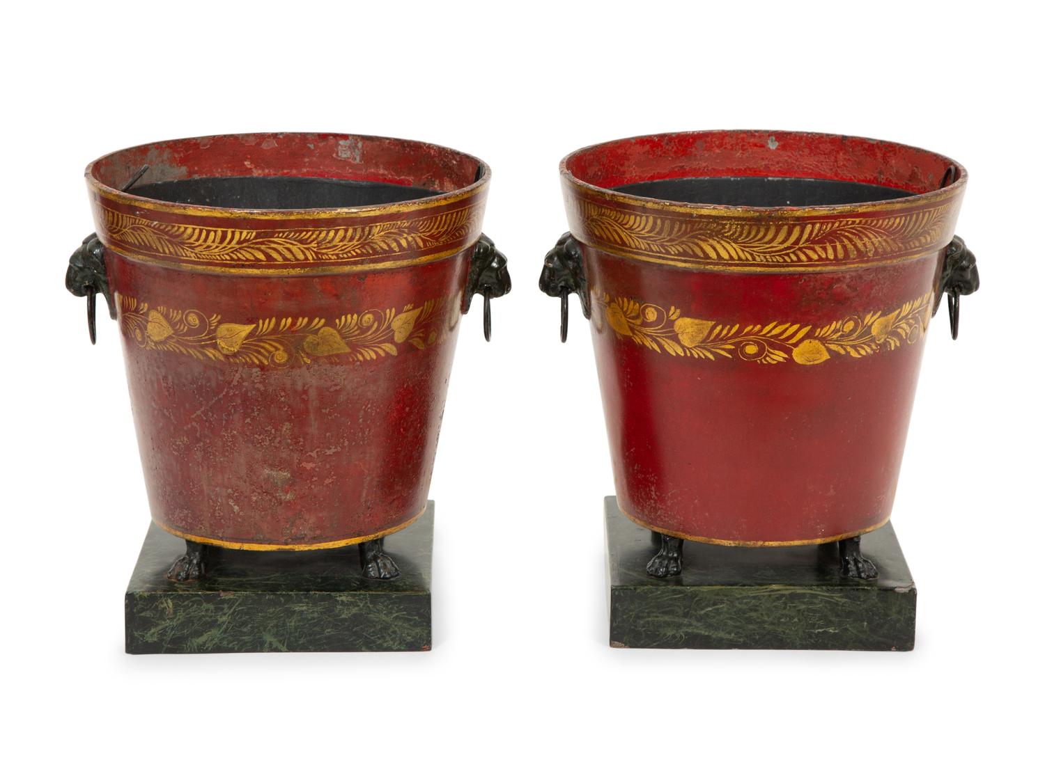 A Pair of French Red and Gilt Tole Peinte Cache Pots