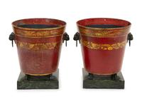 A Pair of French Red and Gilt Tole Peinte Cache Pots