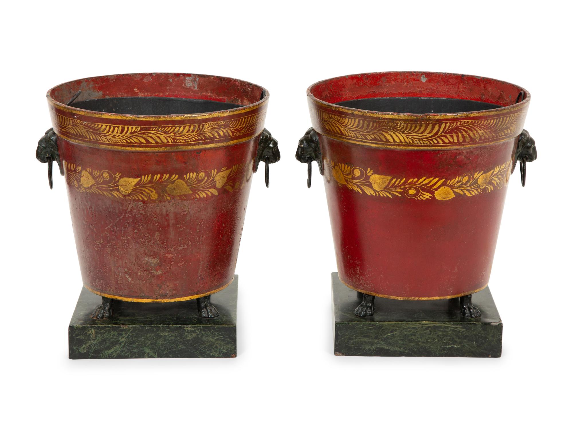 A Pair of French Red and Gilt Tole Peinte Cache Pots