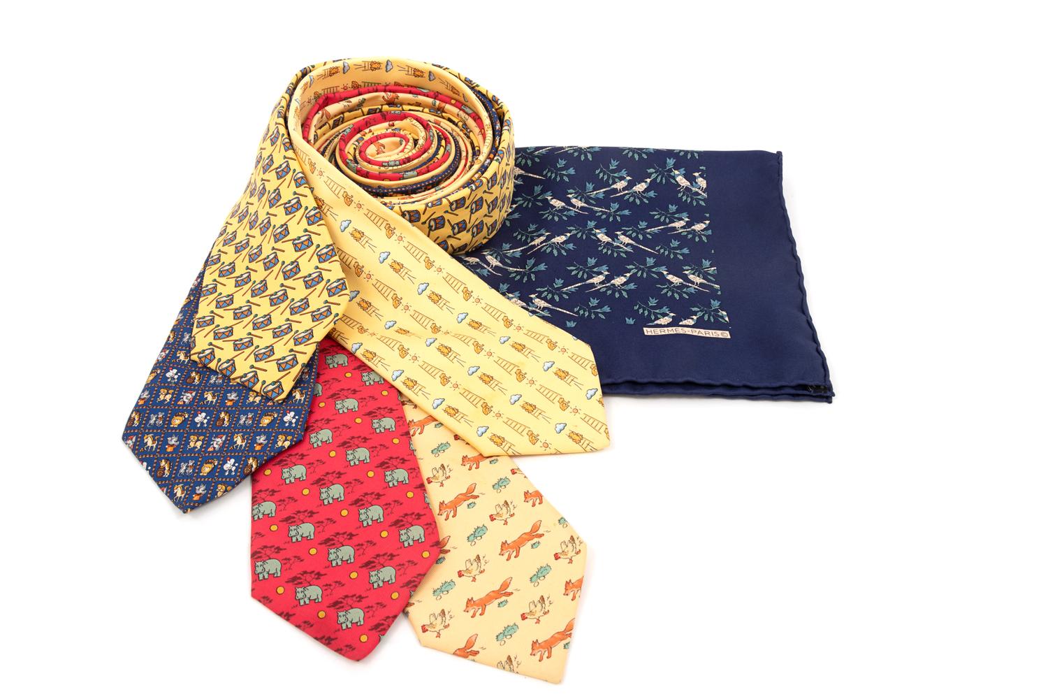 Collection of Five Ties: Four Hermès, One Salvatore Ferragamo, and One Hermès Handkerchief