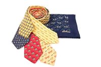 Collection of Five Ties: Four Hermès, One Salvatore Ferragamo, and One Hermès Handkerchief
