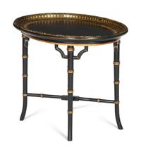 A Regency Style Black and Gilt Decorated Lacquer Tray Top Table