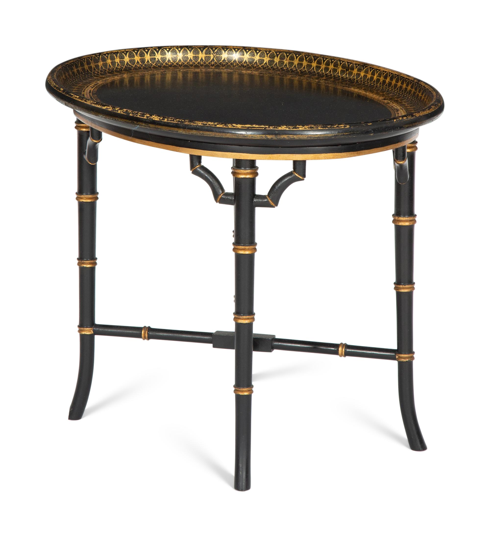 A Regency Style Black and Gilt Decorated Lacquer Tray Top Table