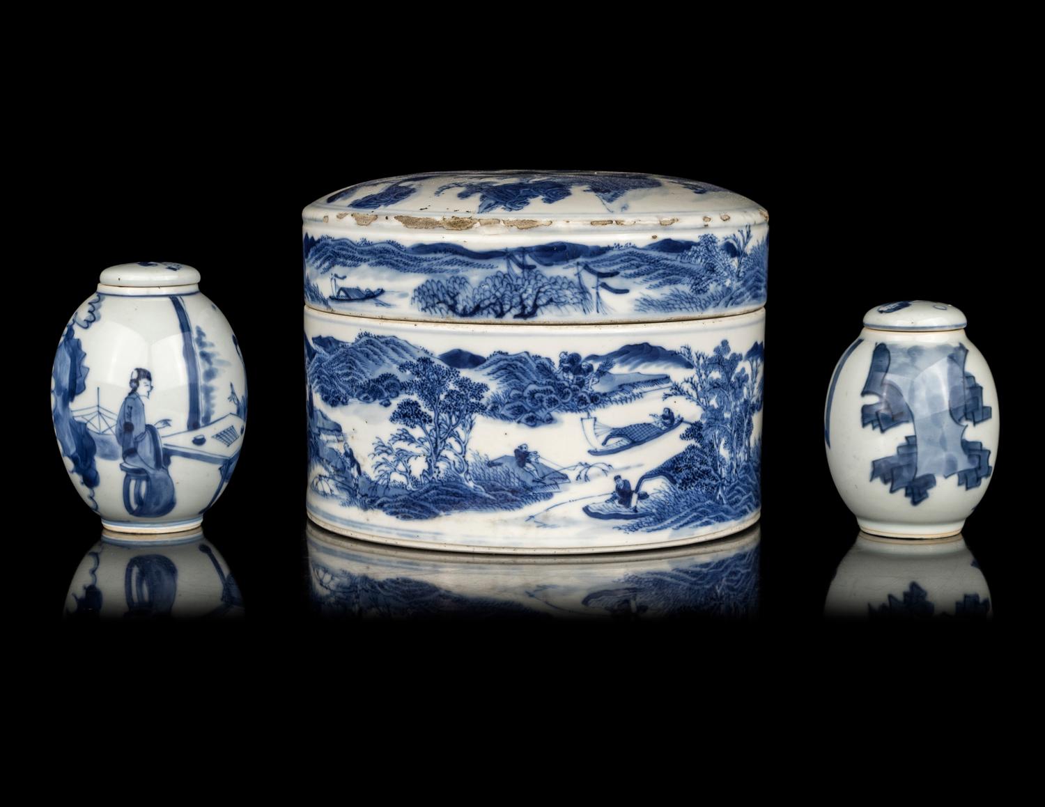 Three Chinese Export Blue and White Porcelain Covered Jars