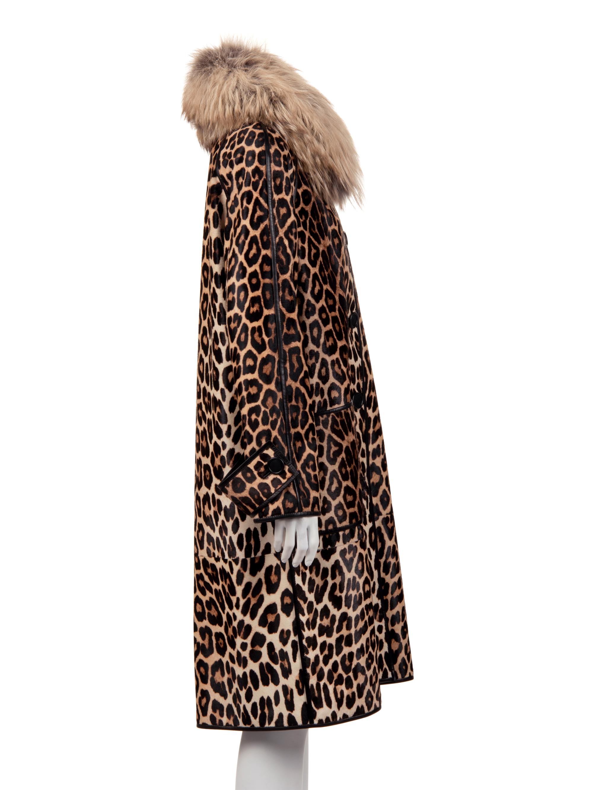 J. Mendel Leopard Print Cavallino Trench Coat with Fox Collar
