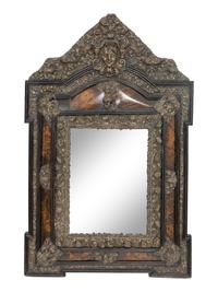 A Dutch Baroque Style Faux-Tortoise Shell Brass-Mounted Repoussé Cushion Mirror