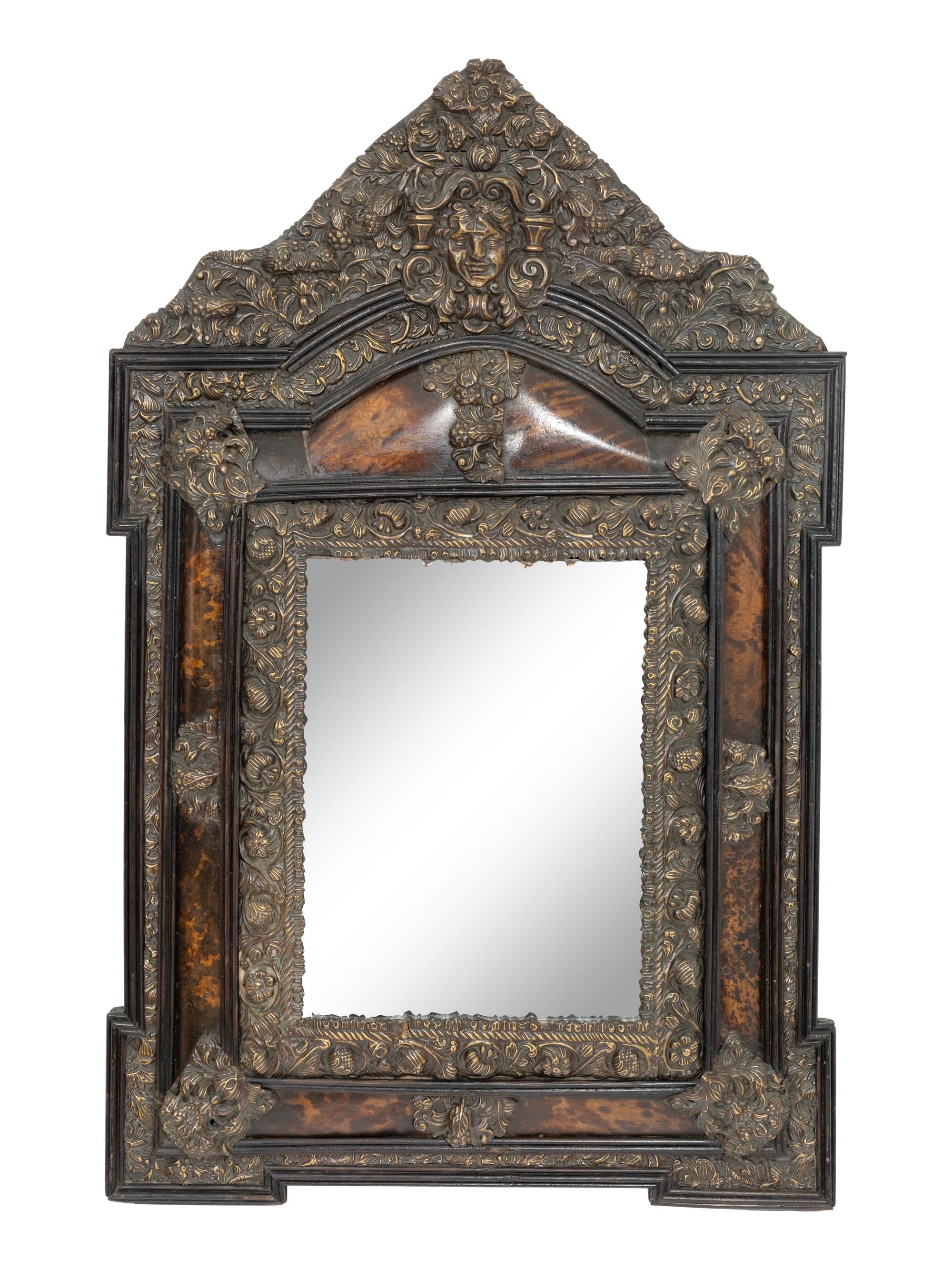 A Dutch Baroque Style Faux-Tortoise Shell Brass-Mounted Repoussé Cushion Mirror