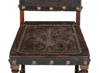 Six Mizner Carved Walnut and Embossed Leather Back Side Chairs