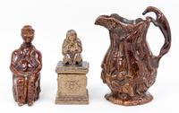 A Group of Three Earthenware Articles Height of pitcher 11 1/4 inches.