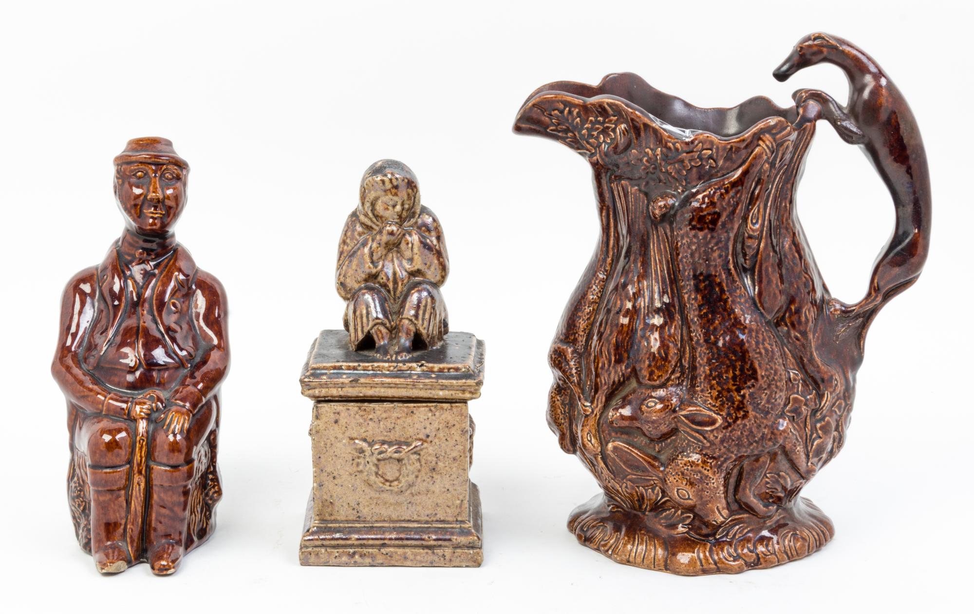 A Group of Three Earthenware Articles Height of pitcher 11 1/4 inches.