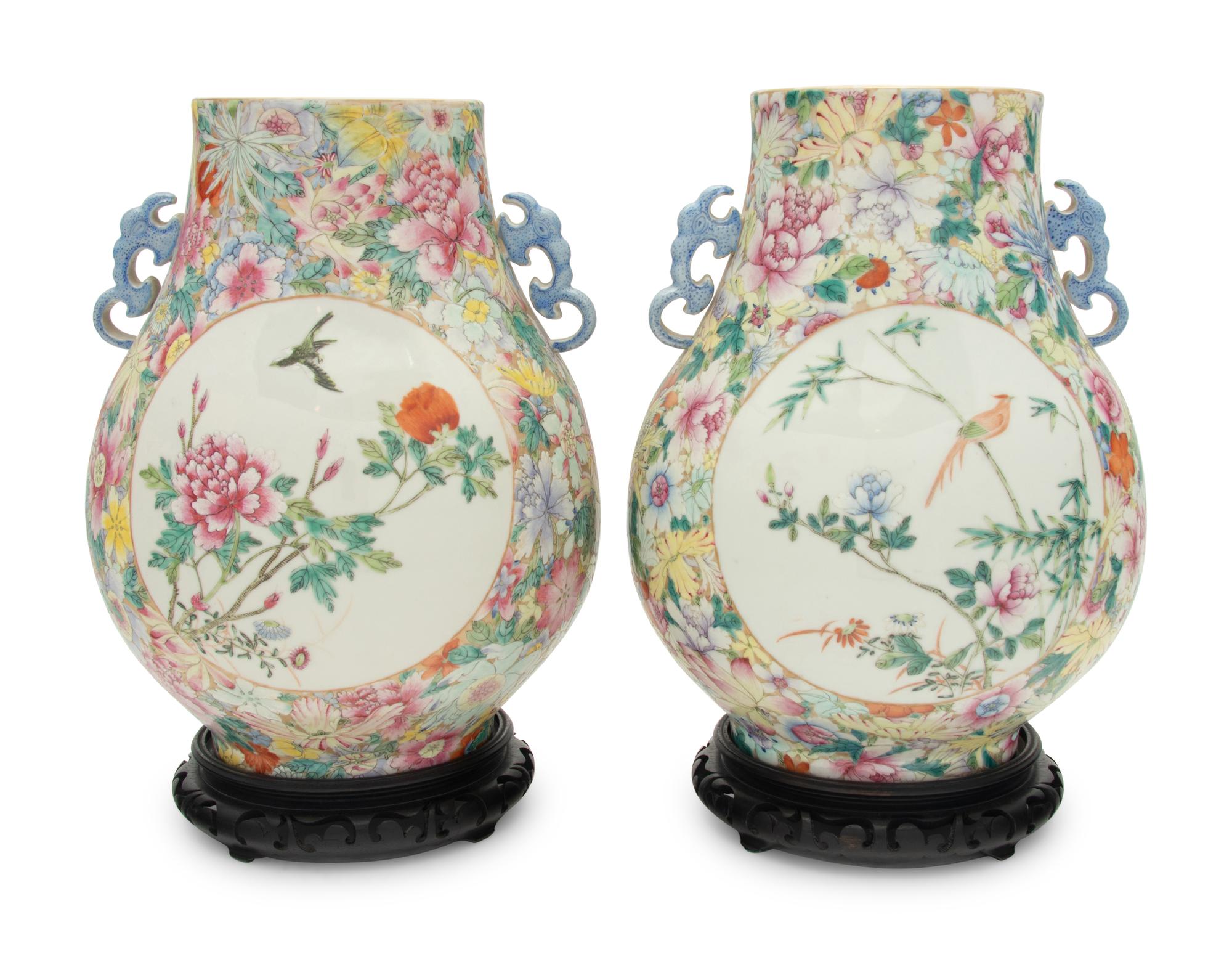 A Pair of Chinese Famille Rose Porcelain Hu -Form Vases