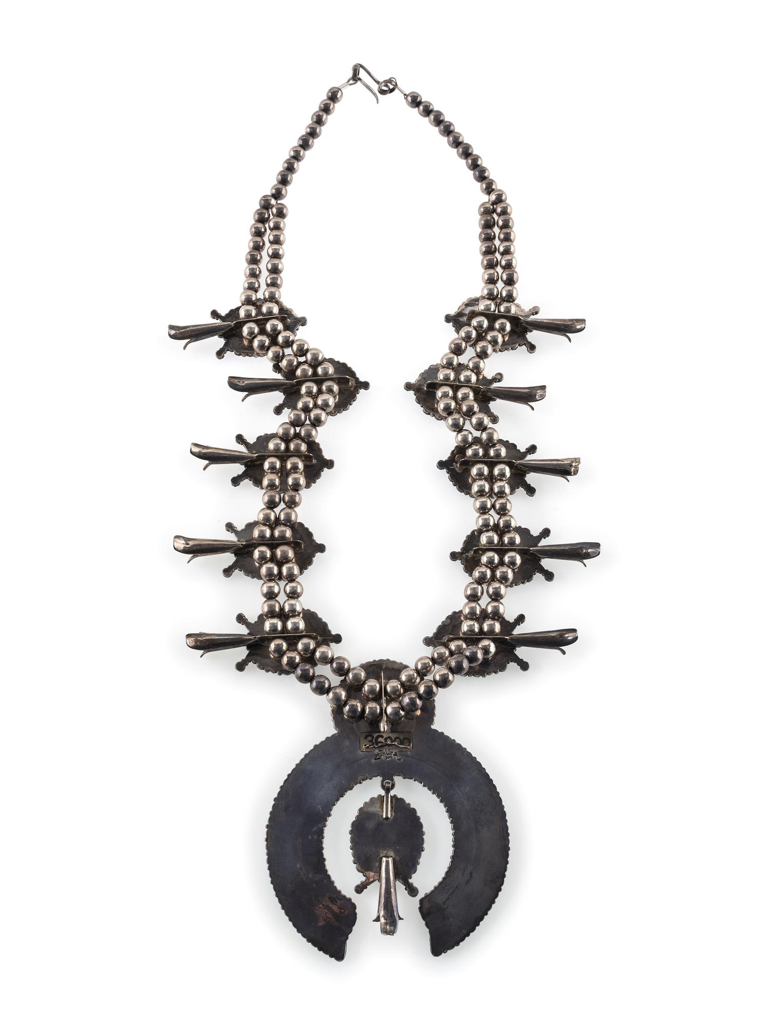 Navajo or Zuni Sterling Silver and Turquoise Cluster Squash Blossom Necklace