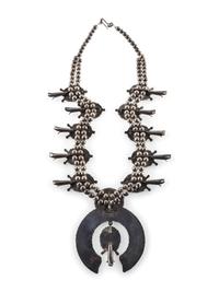Navajo or Zuni Sterling Silver and Turquoise Cluster Squash Blossom Necklace