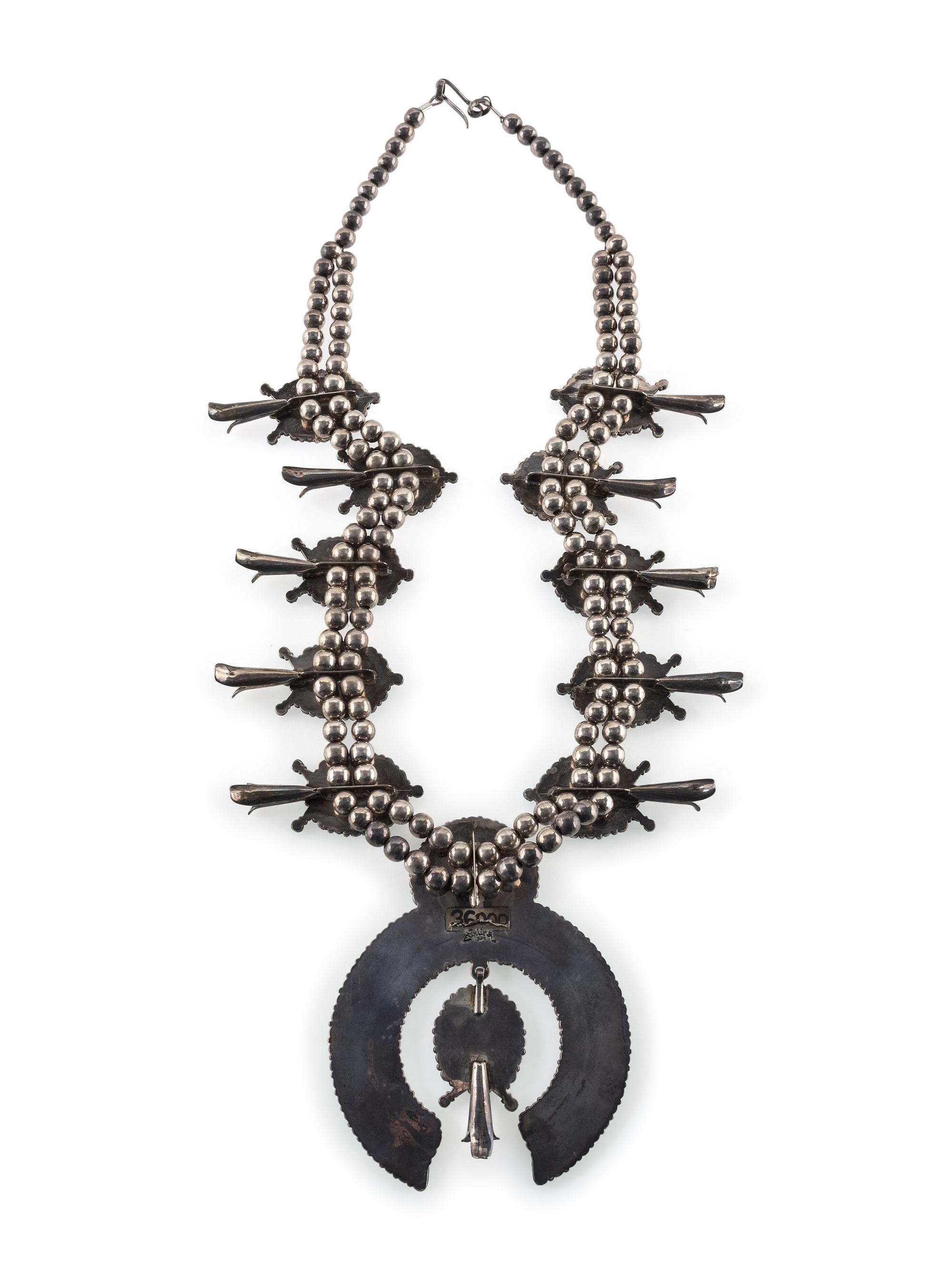 Navajo or Zuni Sterling Silver and Turquoise Cluster Squash Blossom Necklace