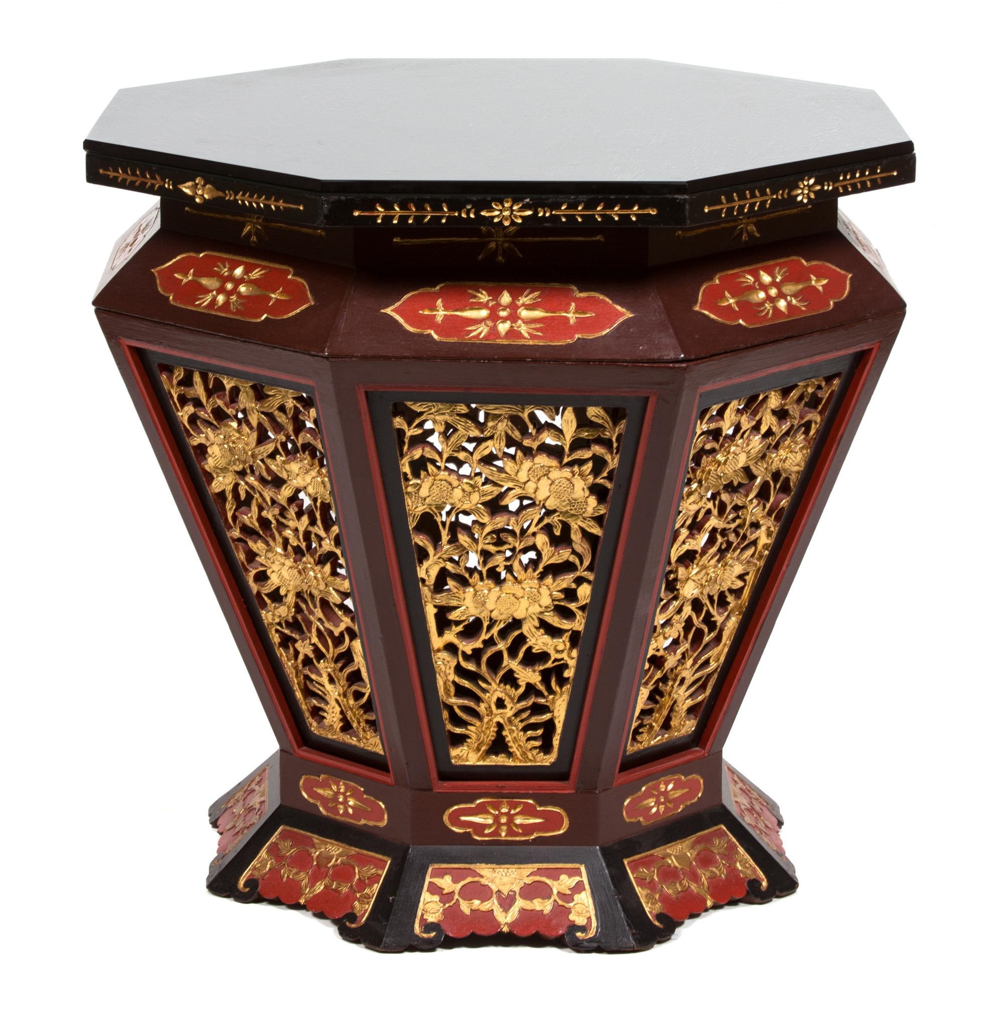 A Chinese Lacquered and Gilt Carved Drum Table Height 29 1/2 x diameter 33 inches. — 20TH CENTURY