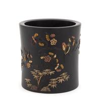 A Hardstone Embellished Zitan Wood Brushpot Height 7 1/4 inches
