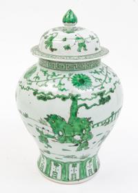 A Famille Verte Porcelain Jar and Cover Height 13 1/4 inches.
