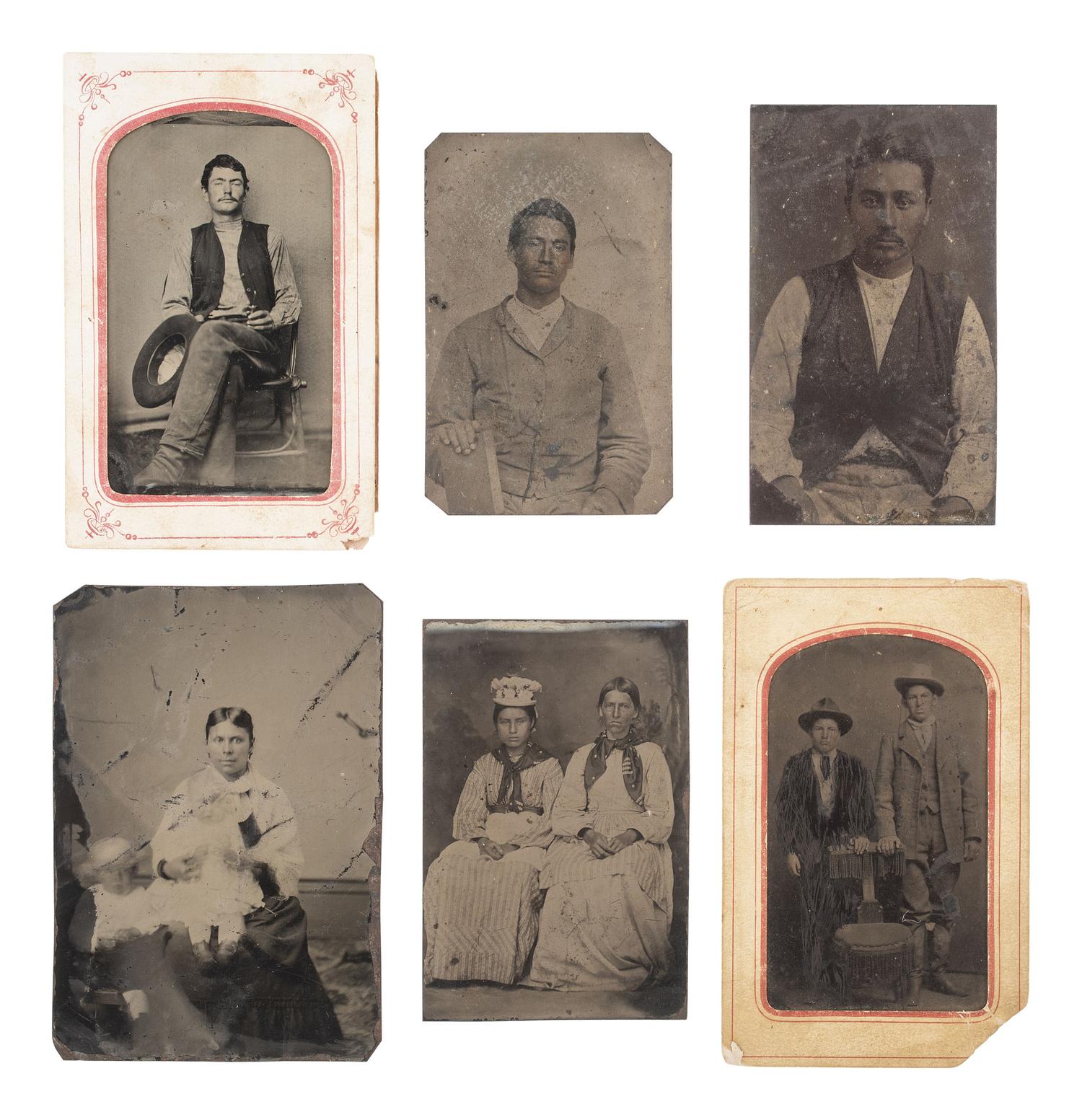 6 tintypes of western subjects incl. Native Americans, one in Fort Smith, AR imprinted sleeve.