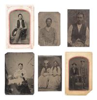6 tintypes of western subjects incl. Native Americans, one in Fort Smith, AR imprinted sleeve.