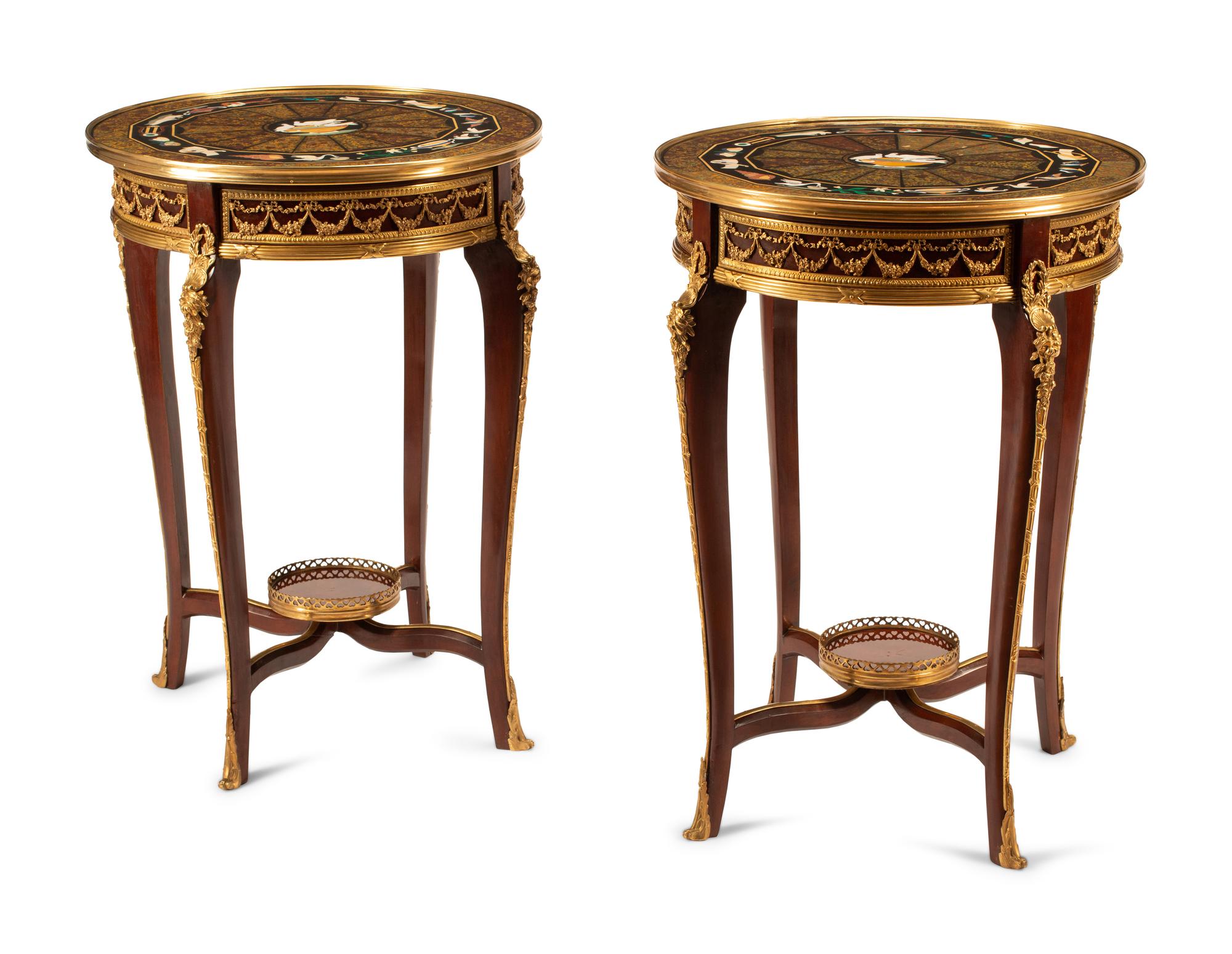 A Pair of Louis XV Style Gilt Bronze Mounted Pietra Dura-Top Tables