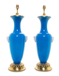 A Pair of Baccarat Bleu Drapeau Glass Vases Height overall 23 1/4 inches. — MID-19TH CENTURY