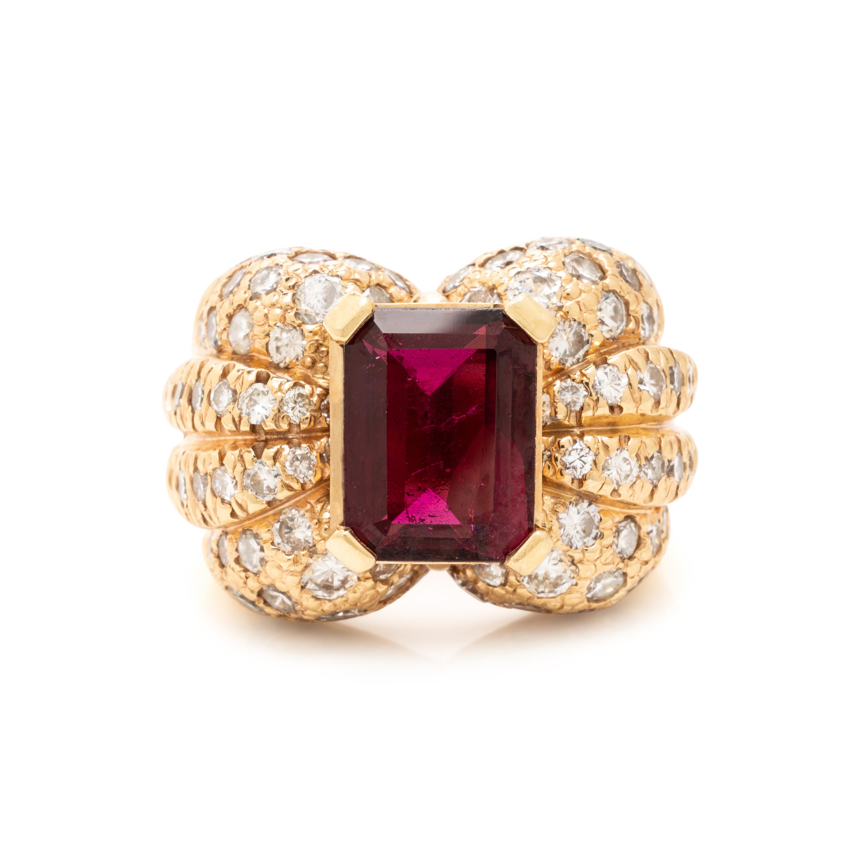 Rubellite Tourmaline, Diamond, and Yellow Gold Ring