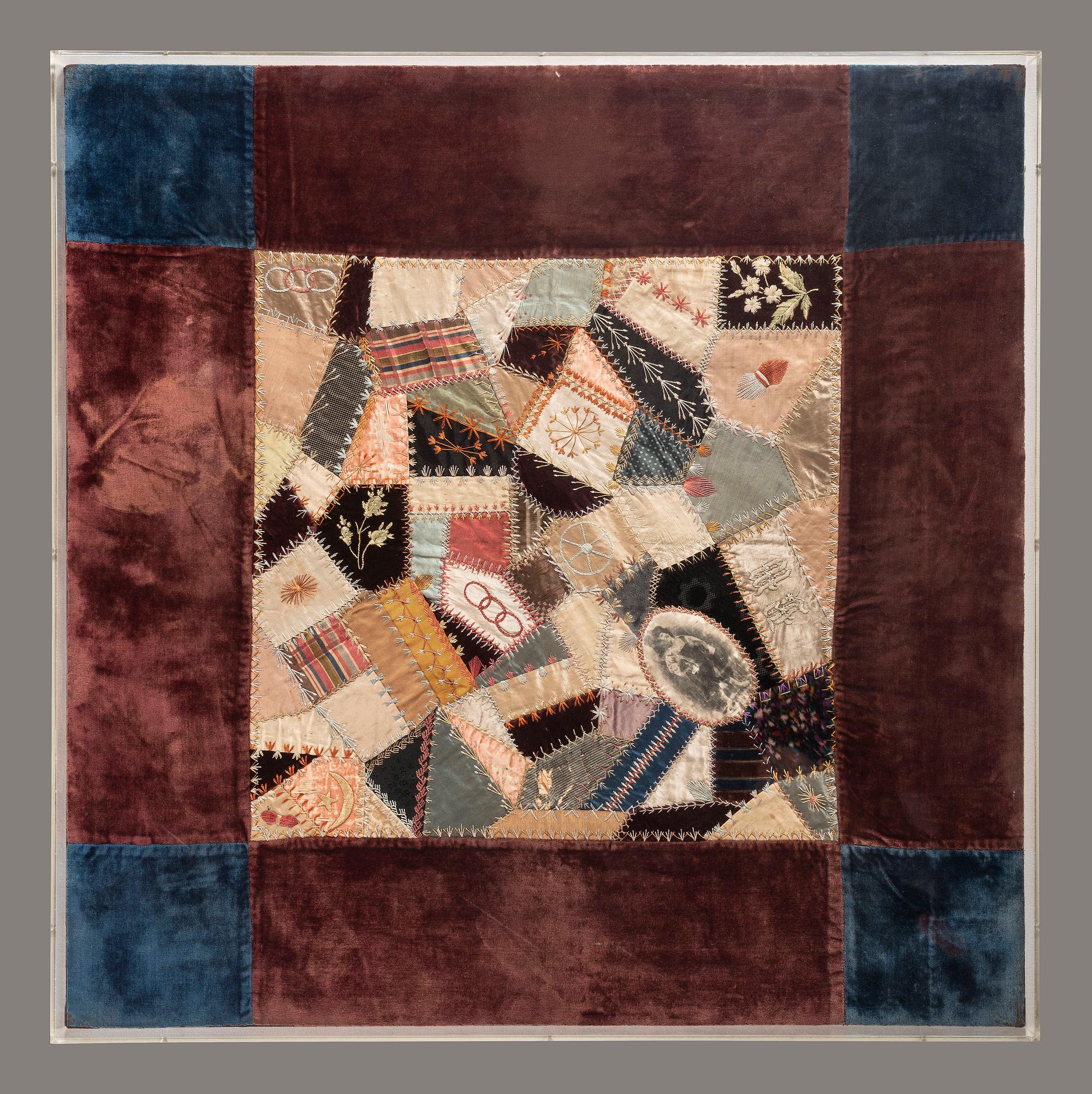 An Oddfellows Decorated Silk and Velvet Pieced Crazy Quilt