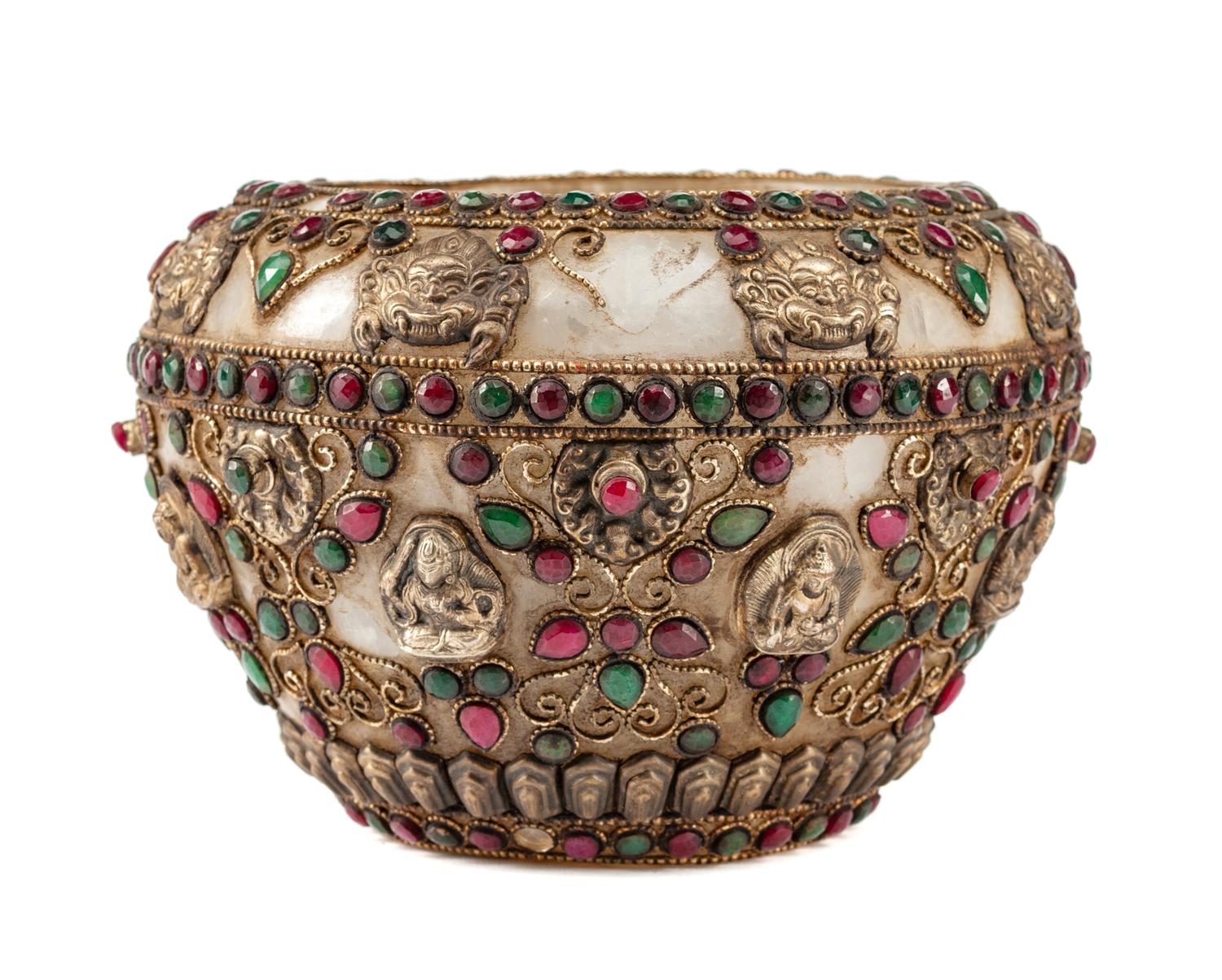 A Silvered Metal Mounted Ruby, Emerald and Rock Crystal Bowl
