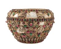 A Silvered Metal Mounted Ruby, Emerald and Rock Crystal Bowl