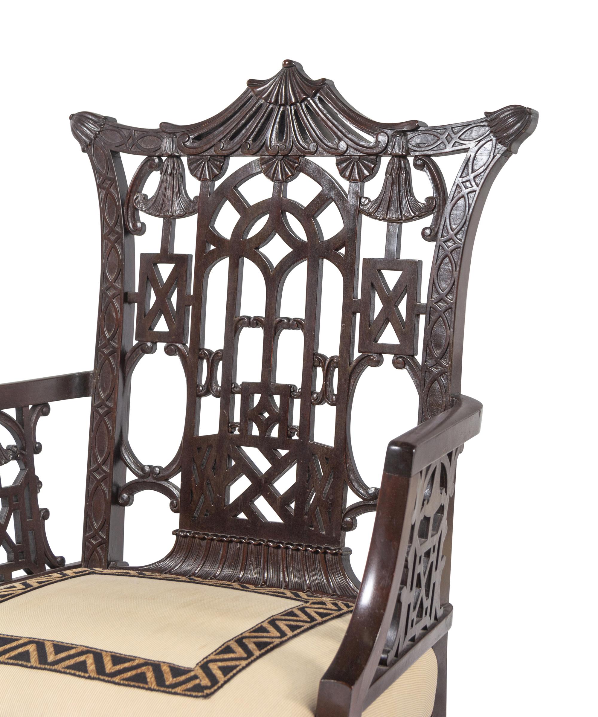 A Pair of 'Chinese Chippendale' Style Mahogany Armchairs