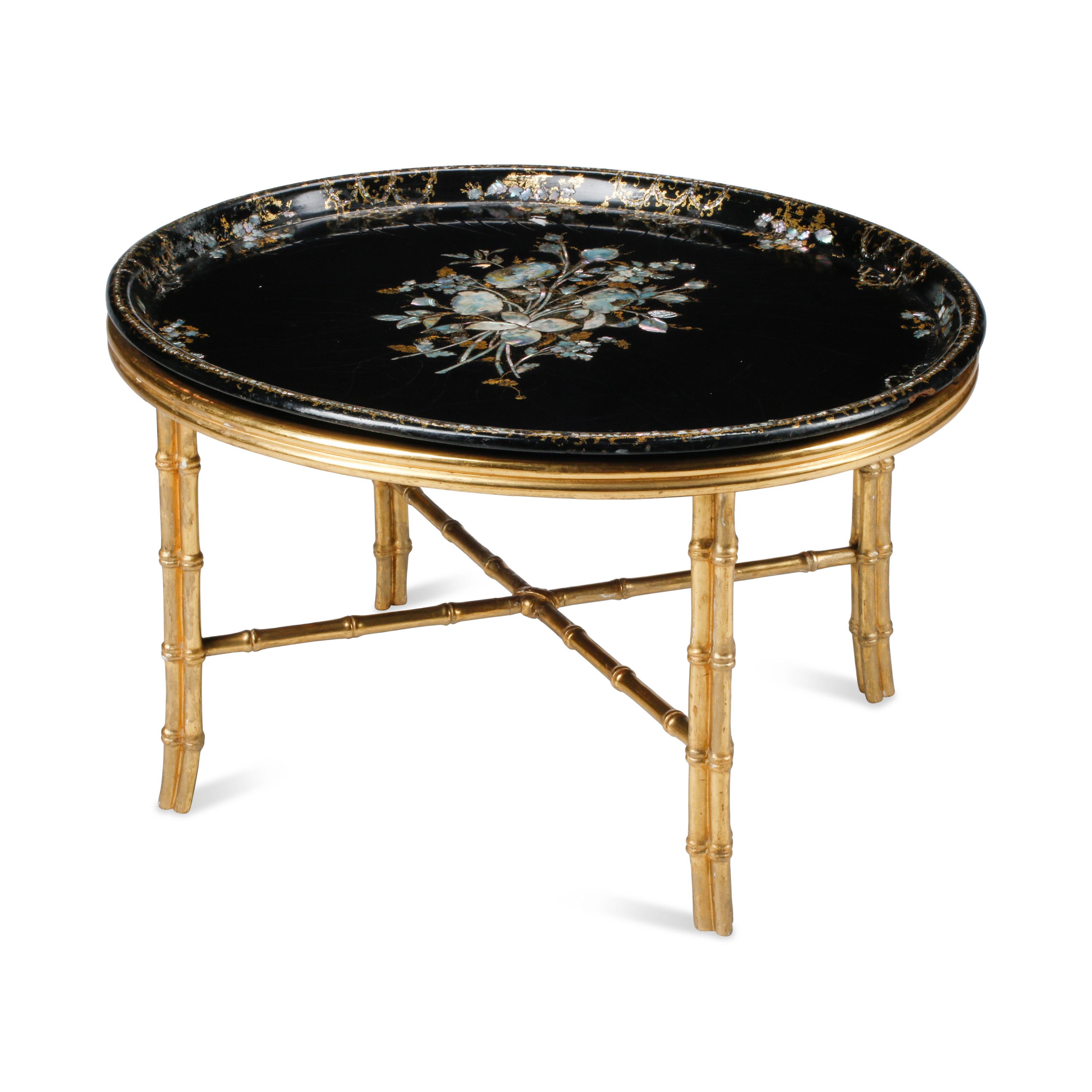 An English Papier Mâché Tray on a Giltwood Stand