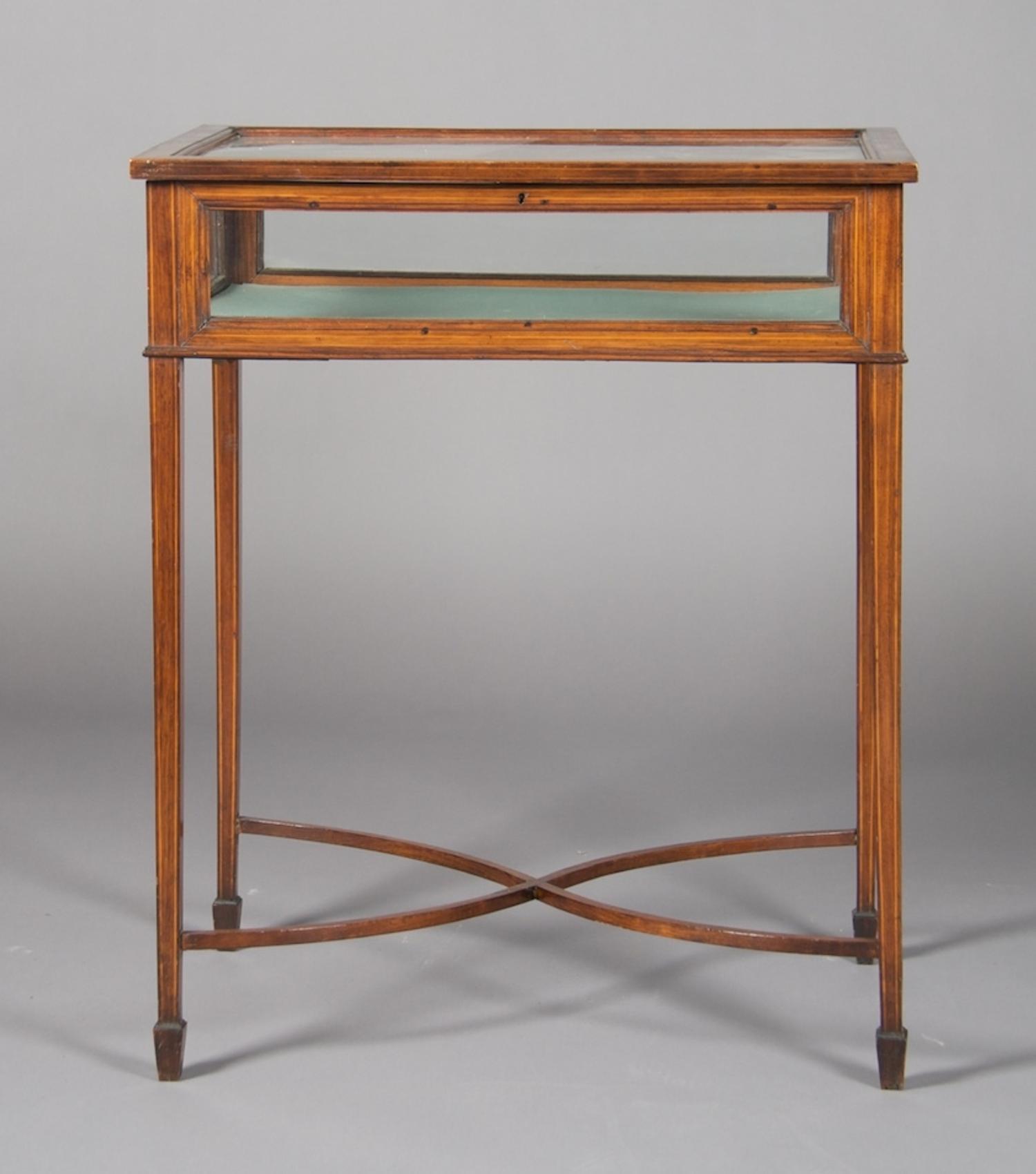 An English Banded Vitrine Table, Height 31 1/2 x width 26 x depth 18 inches.