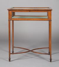 An English Banded Vitrine Table, Height 31 1/2 x width 26 x depth 18 inches.