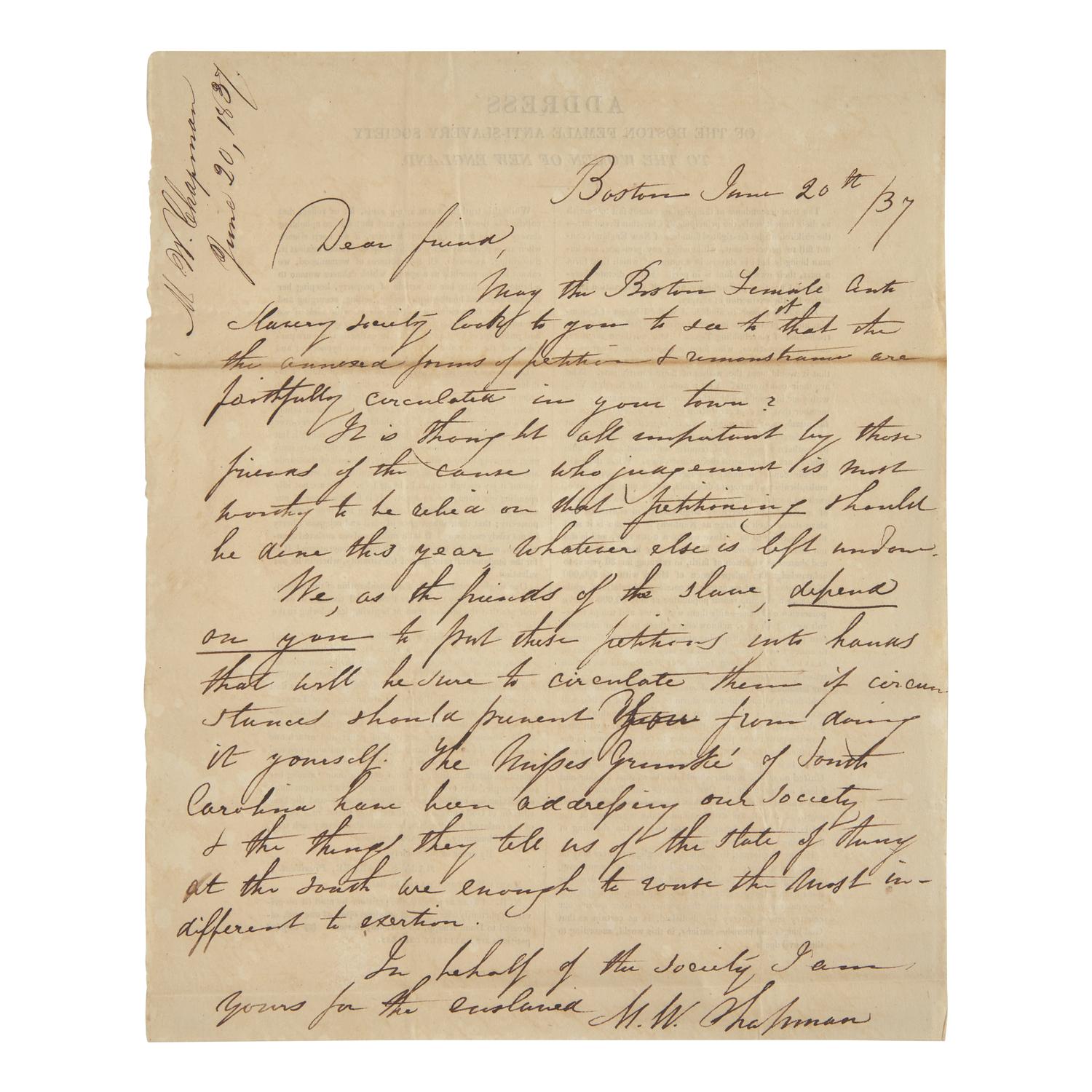[African-Americana] Chapman, Maria W. Autograph Letter, signed, on Printed Circular, "Address of the Boston Female Anti-Slavery Society"