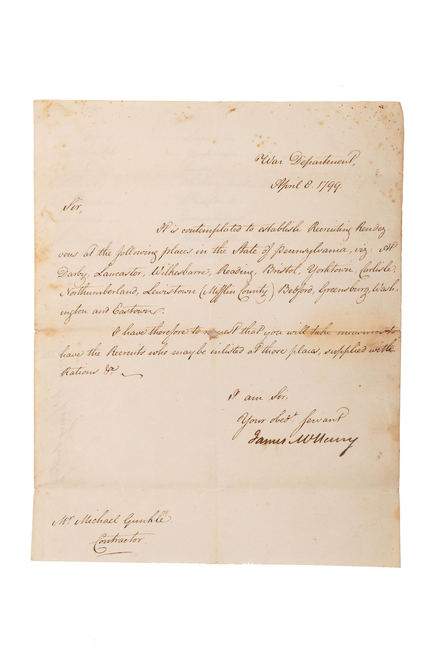 [SIGNER CONSTITUTION] LS by James McHenry, Secretary of War, 8 April 1799.