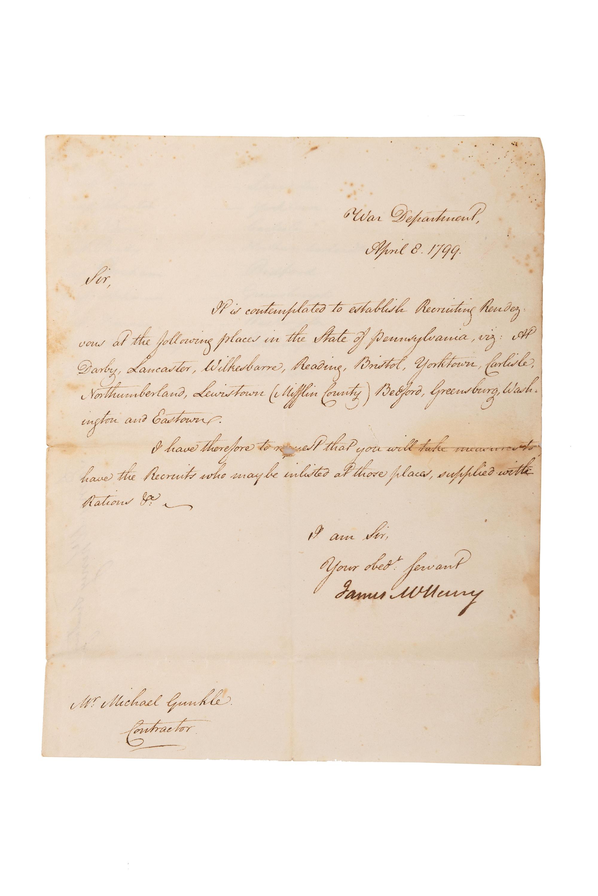 [SIGNER CONSTITUTION] LS by James McHenry, Secretary of War, 8 April 1799.