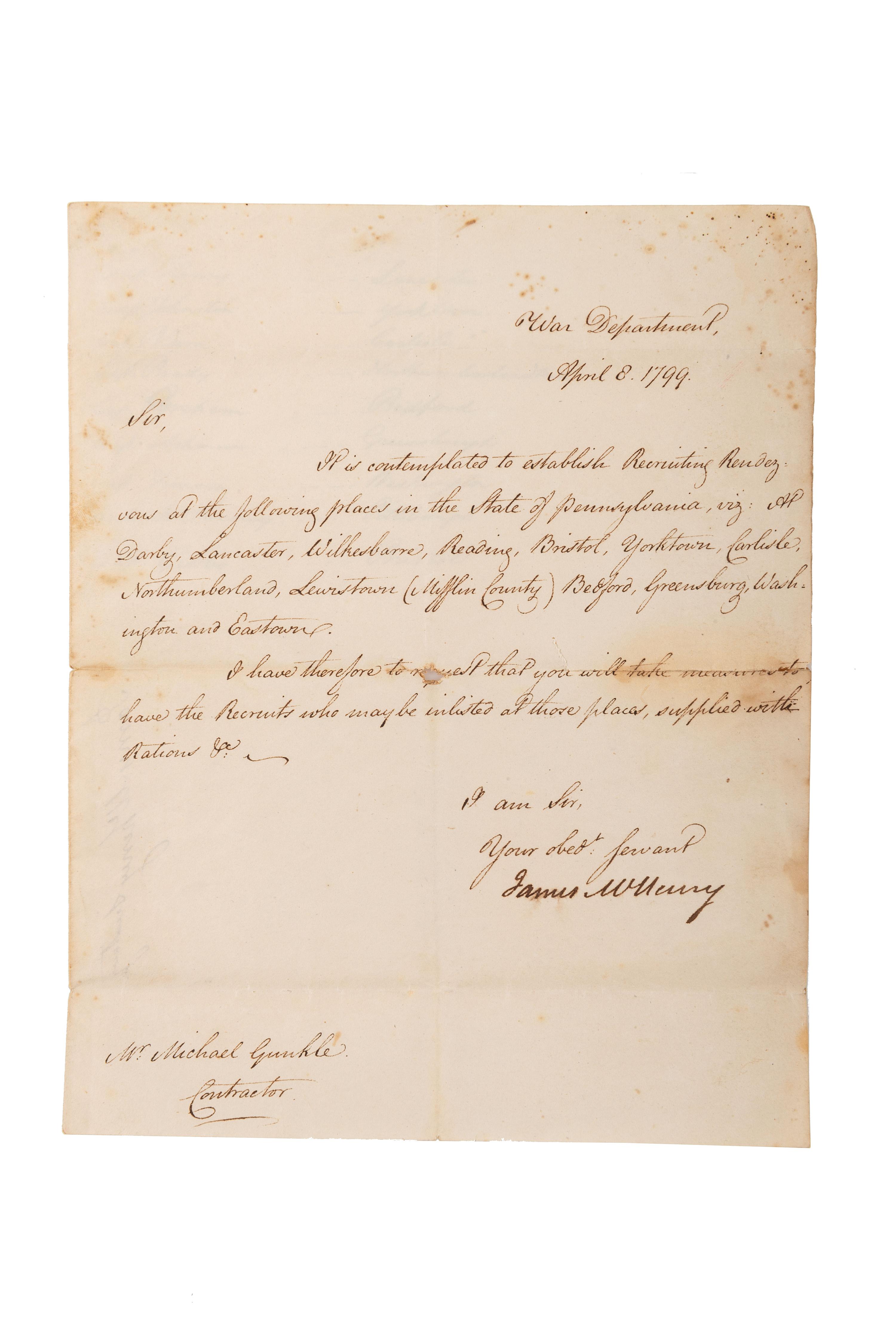 [SIGNER CONSTITUTION] LS by James McHenry, Secretary of War, 8 April 1799.