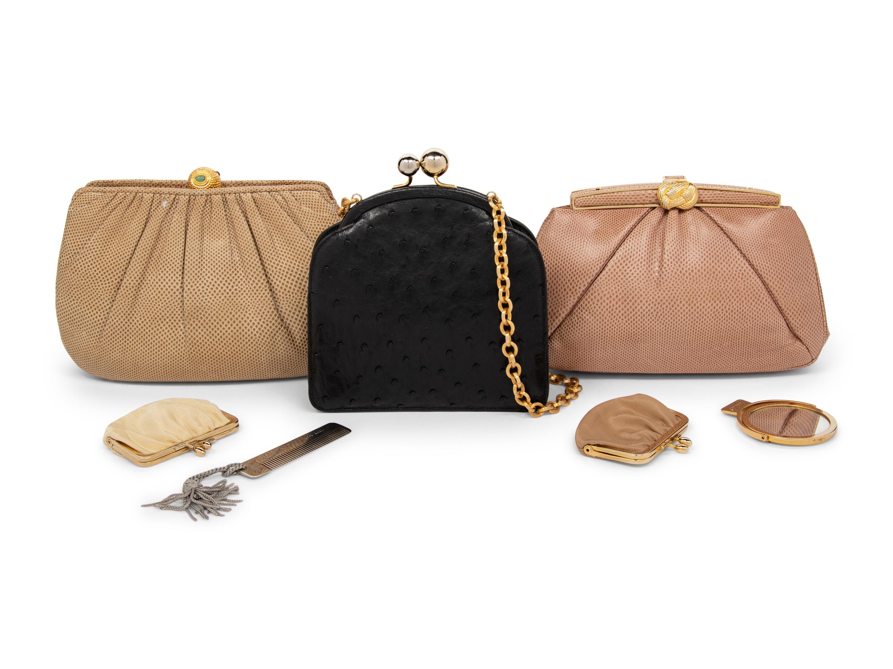 Seven Judith Leiber Items: Three Exotic Skin Bags, Four Belts, 1980-90s