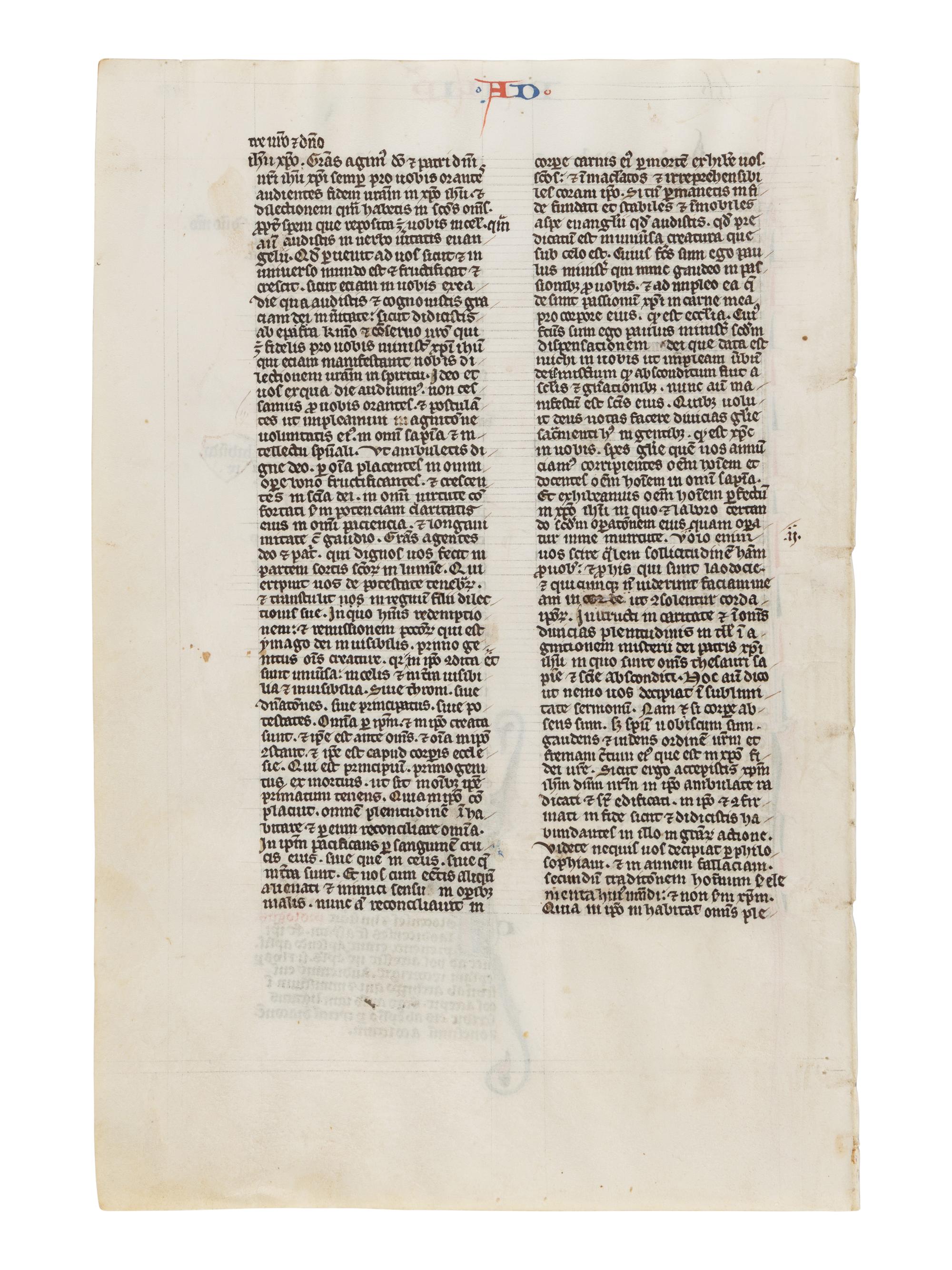 JOHANNES GRUSCH ATELIER (active Paris, c. 1235–1270) A leaf from the “Josephinum” Bible, with a historiated initial ‘P’ of Saint Paul holding a sword, in Latin, illuminated manuscript on parchment [France, Paris, c. 1250]