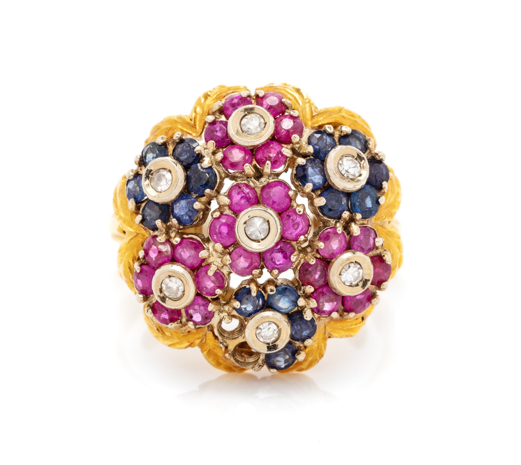 An 18 Karat Yellow Gold, Diamond, Ruby and Sapphire Ring,