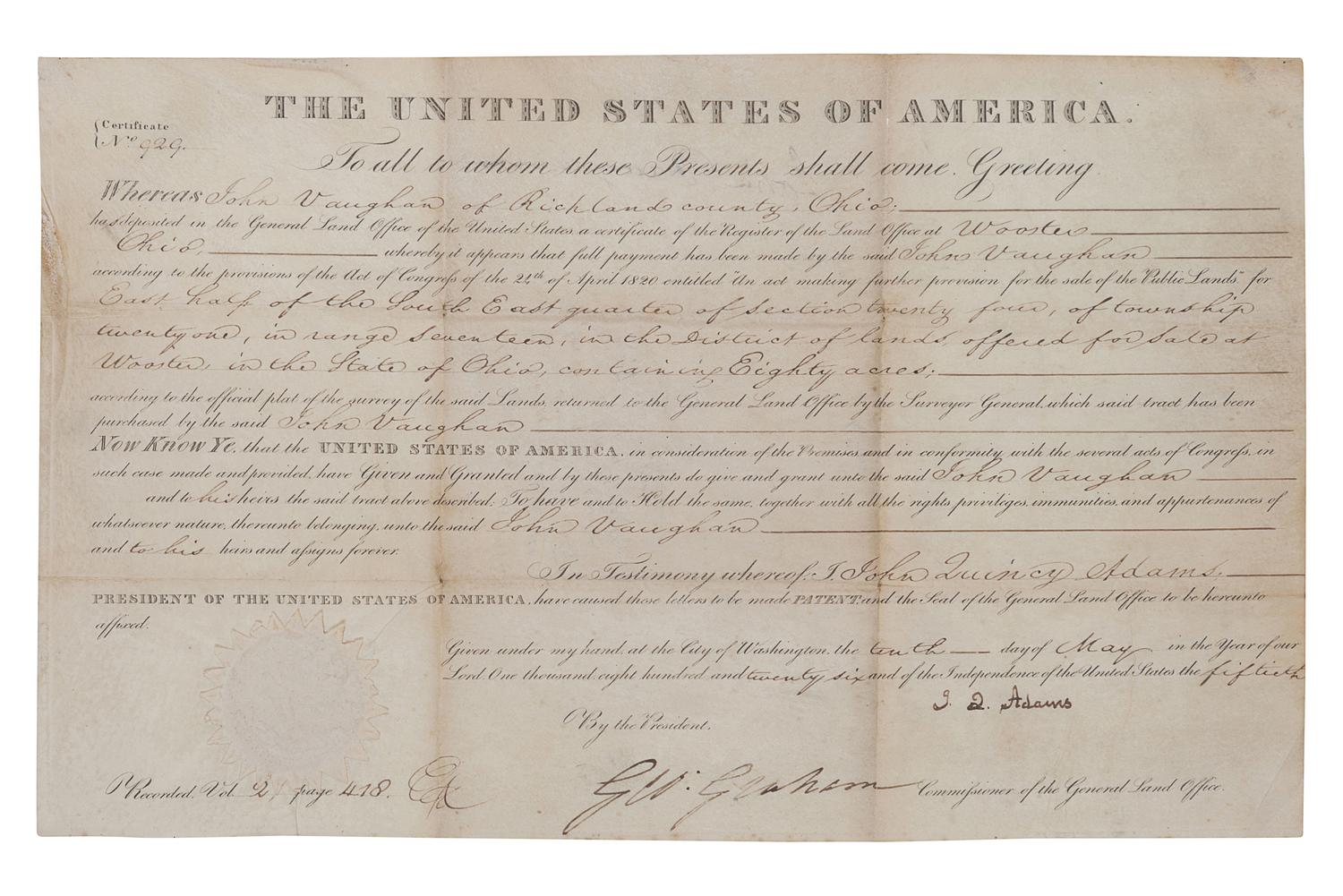 ADAMS, John Quincy (1767-1848). Engraved document signed as President (“J. Q. Adams”), countersigned by Commissioner of the General Land Office George Graham, 10 May 1826.