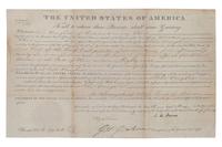 ADAMS, John Quincy (1767-1848). Engraved document signed as President (“J. Q. Adams”), countersigned by Commissioner of the General Land Office George Graham, 10 May 1826.