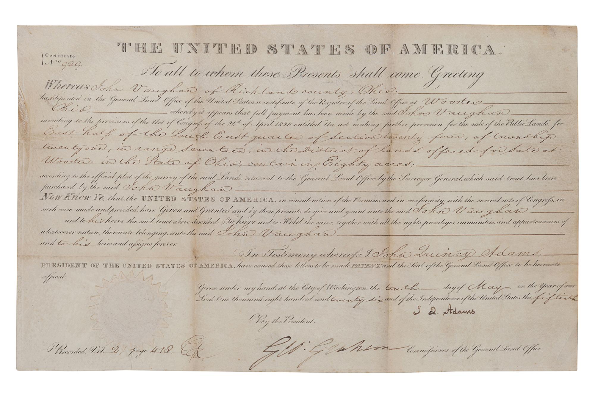 ADAMS, John Quincy (1767-1848). Engraved document signed as President (“J. Q. Adams”), countersigned by Commissioner of the General Land Office George Graham, 10 May 1826.
