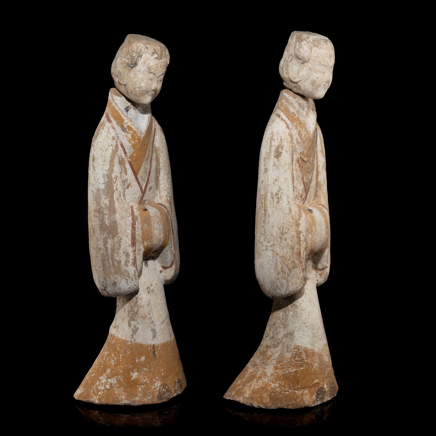 A Large Pair of Chinese Painted Pottery Ladies, Han Dynasty — 漢 灰陶彩繪侍奉俑一對