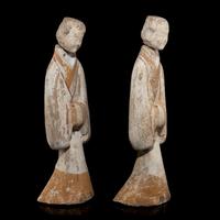 A Large Pair of Chinese Painted Pottery Ladies, Han Dynasty — 漢 灰陶彩繪侍奉俑一對