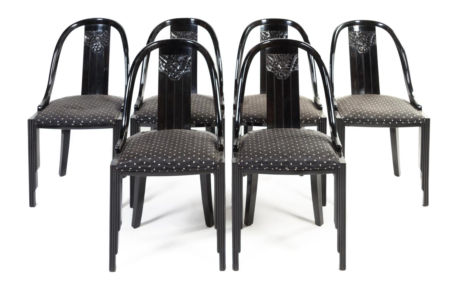 A Set of Six Art Deco Ebonized Dining Chairs Height 33 inches.