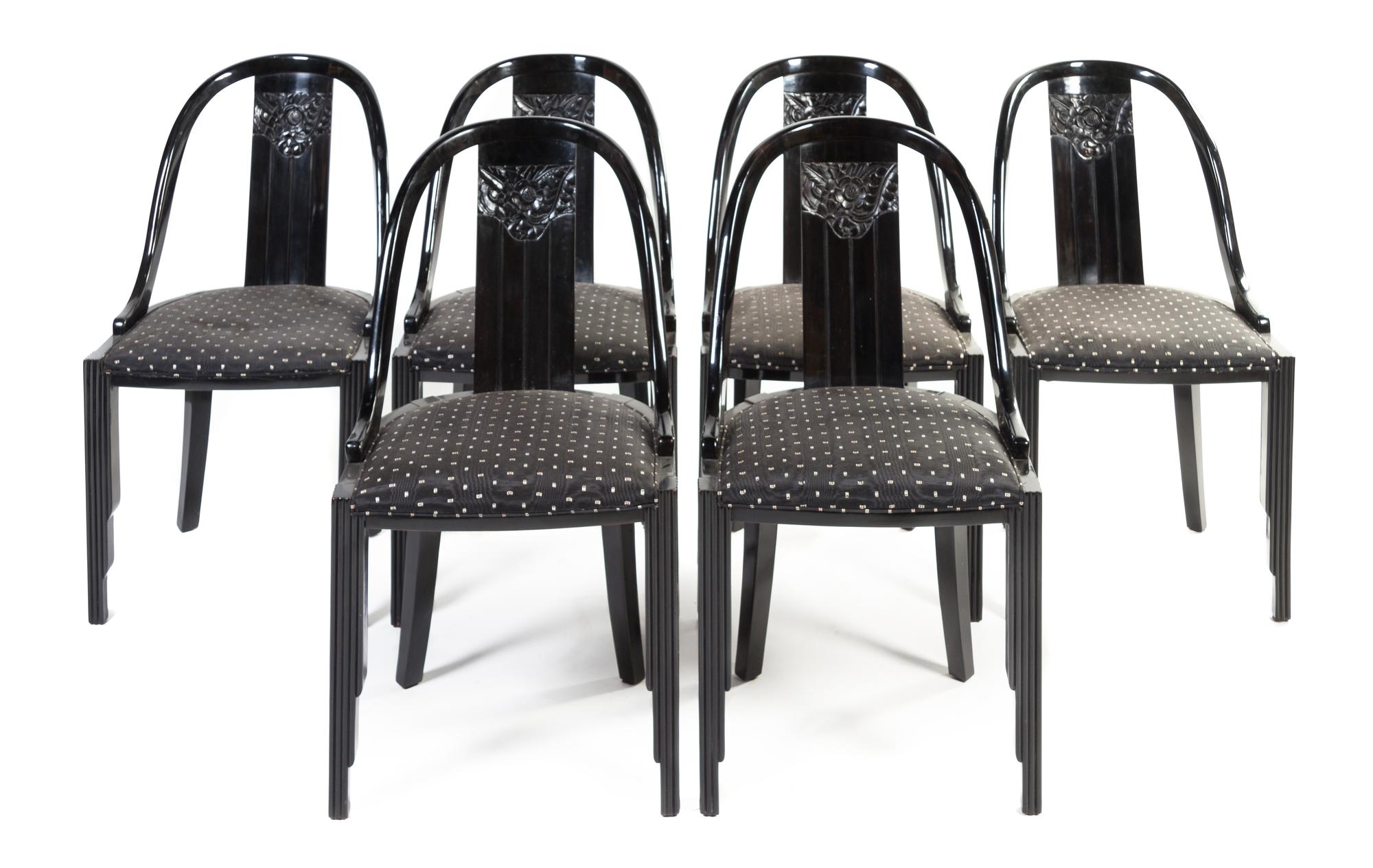 A Set of Six Art Deco Ebonized Dining Chairs Height 33 inches.